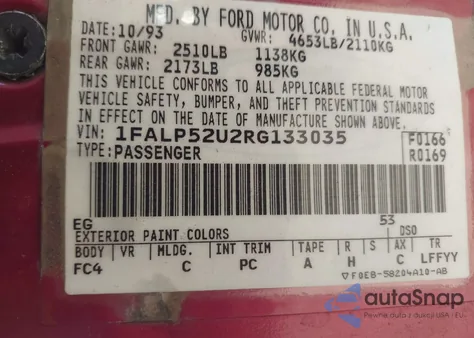 1994 Ford Taurus Gl z USA, uszkodzony, nr VIN 1FALP52U2RG133035